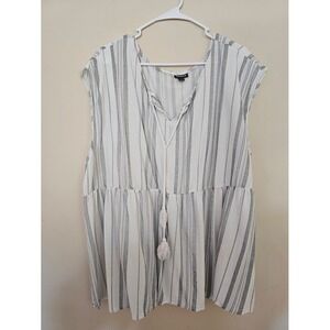 Torrid Women Plus Sz 3 Tunic Top White Gray Stripe Tie Neck Sleeveless Babydoll